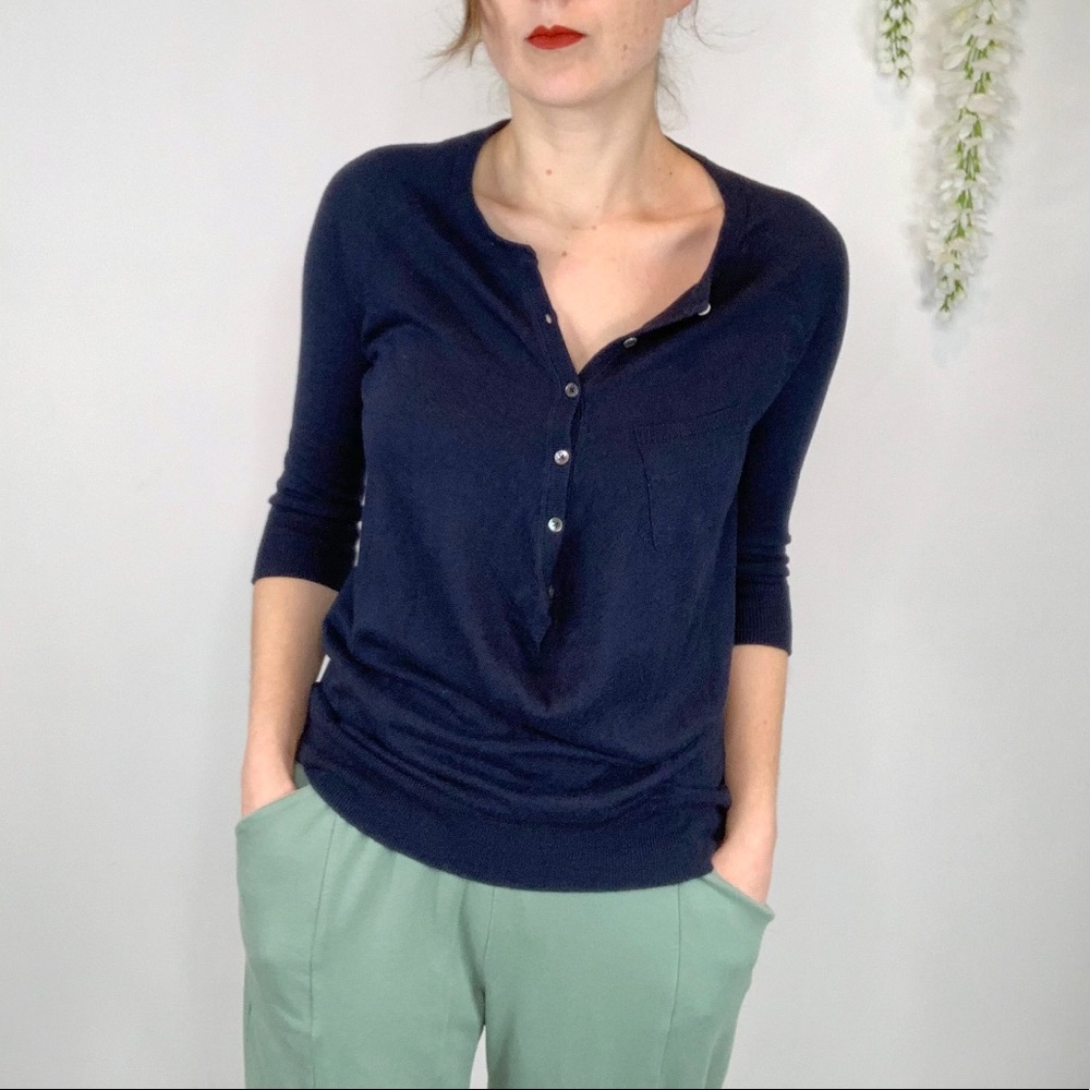VINCE Henley sweater 3/4 sleeves buttons navy 1558